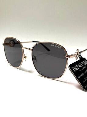 New TRUE RELIGION Round Rhinestone Sunglasses Metal Gold Black Lens NEW TRUE RELIGION Rhinestone Gold Metal Logo Classic TR12604  main image 3